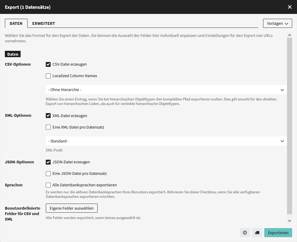 Fenster mit Optionen für den Export von Datensätzen
