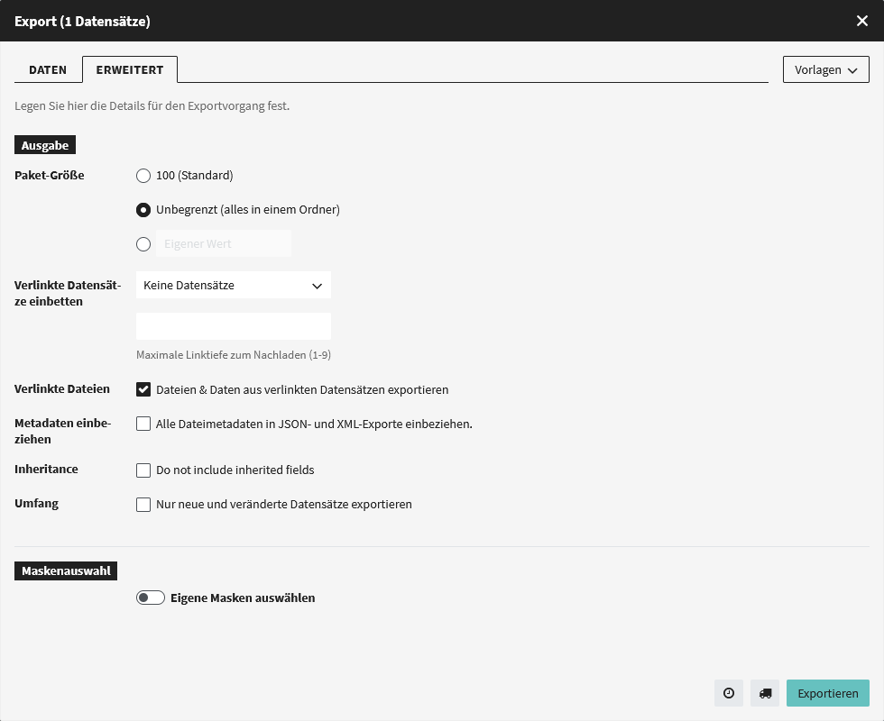 Fenster mit Optionen für den Export von Datensätzen