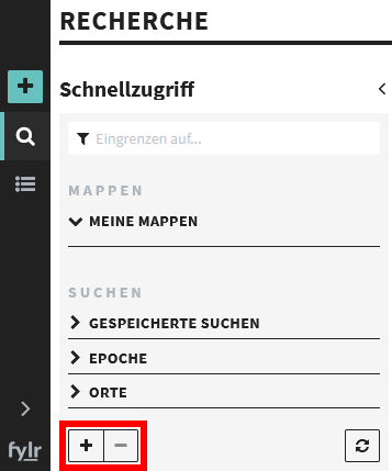 Ansicht des Schnellzugriffs mit den Mappen in der Rechercheansicht