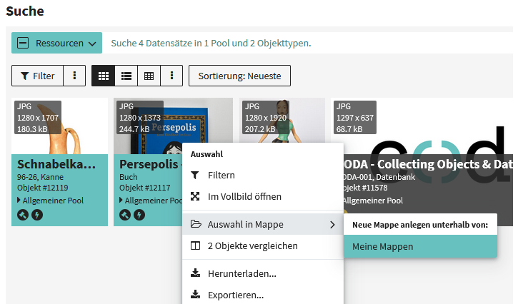 Kontextmenü für Datensätze mit der Option “Auswahl in Mappe”