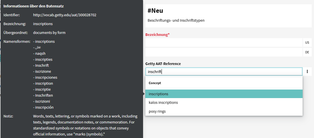 Ansicht des Felds “Getty AAT-Reference” mit Suchvorschlägen, links die Vorschau auf den entsprechenden Getty-Eintrag