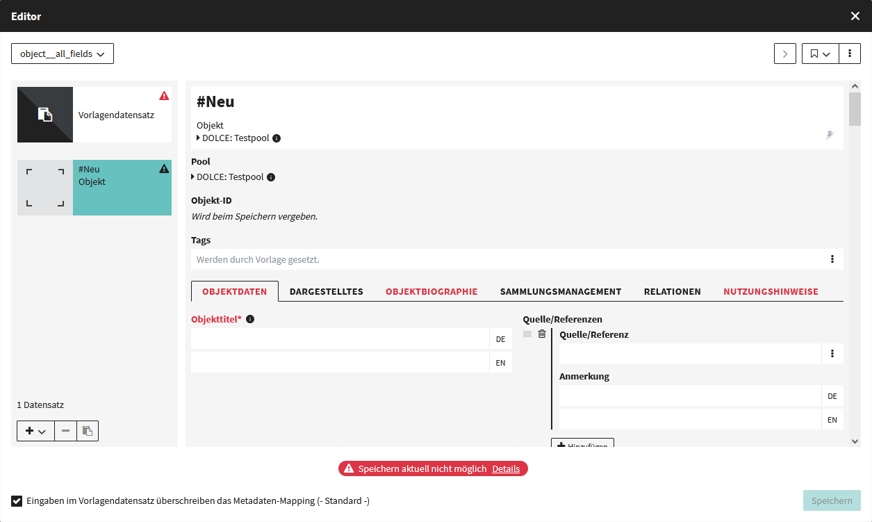 Ansicht des Feldeditors beim Anlegen eines CODA-Datensatzes