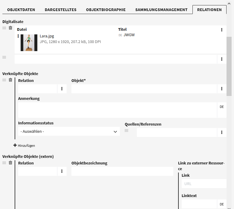 Ansicht des Reiters “Relationen” im Editor eines Datensatzes. Sichtbar sind die Mehrfachgruppen “Digitalisate”, “Verknüpfte Objekte” und “Verknüpfte Objekte (extern)”