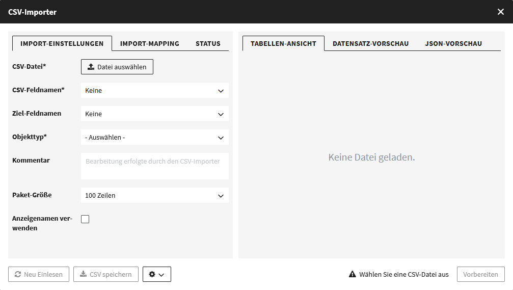 Ansicht des CSV-Importers